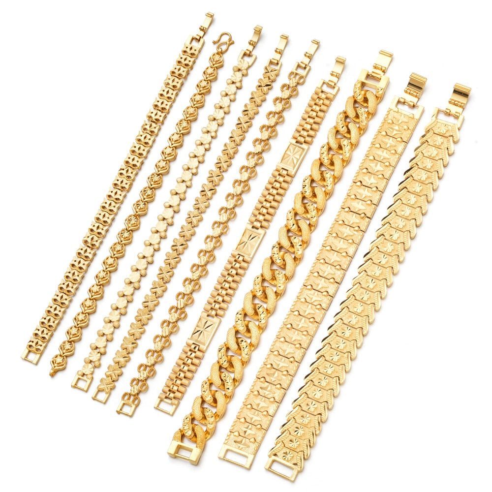 Fashion Plated 24K Gold Multi Shape Punk Bracelet Curb Cuban Chain Gold Color Bracelets Bangle For Men Women Jewelry Gifts