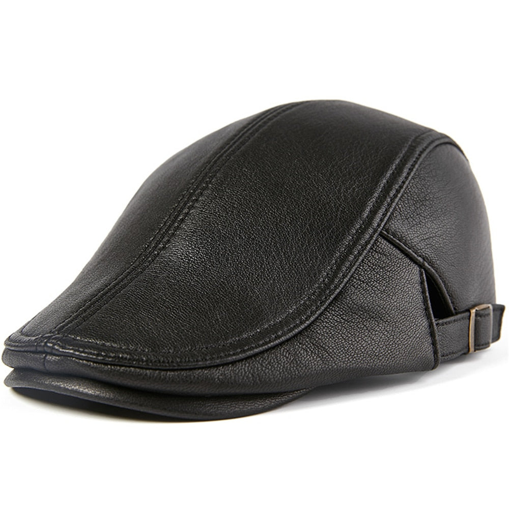 BUTTERMERE Men Beret Hat Real Leather Flat Cap Sheepskin Autumn Winter Male Brown Adjustable High Quality Gatsby Mens Beret Caps