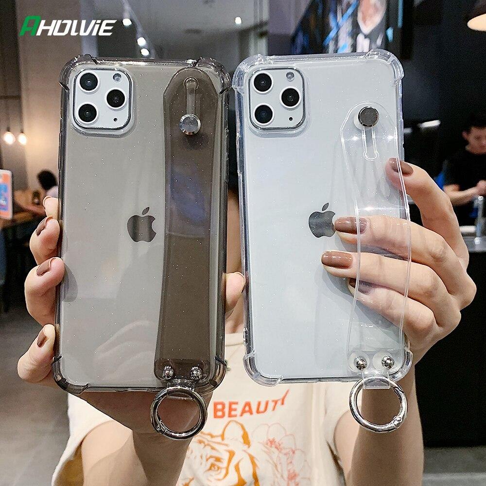 Glitter Powder Holder Phone Cases For iPhone 11 Pro Max X XR XS Max 6 6S 7 8 Plus SE 2020 SE2 Transparent Wrist Strap Back Cover - Surprise store
