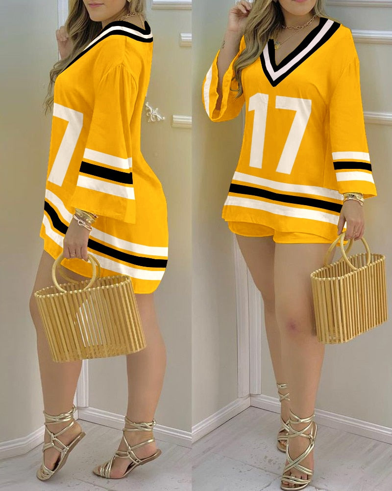 2021 Women Plain Bell Sleeve V-Neck Long Casual Loose Top & Shorts Set Casual Summer Solid Streetewar Suit Sets