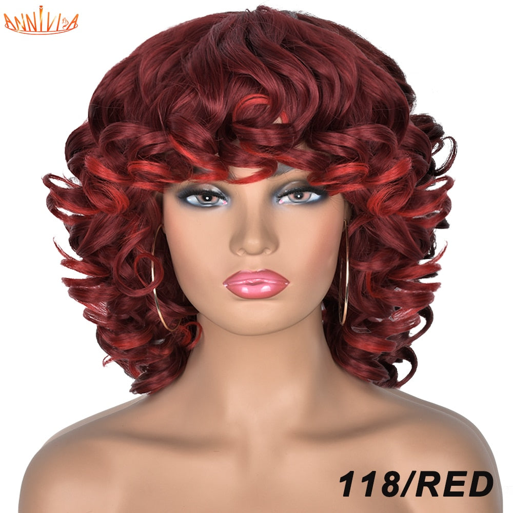 Short Hair Afro Kinky Curly Wigs With Bangs For Black Women Synthetic African Ombre Glueless Cosplay Wigs High Temperature