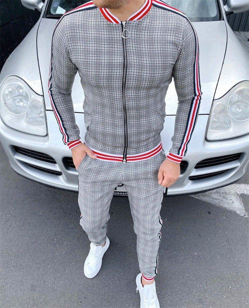 Muscle brothers 2021 new 3D printing retro men's leisure sports men's suit Plaid stripe coat Long pants men's suit