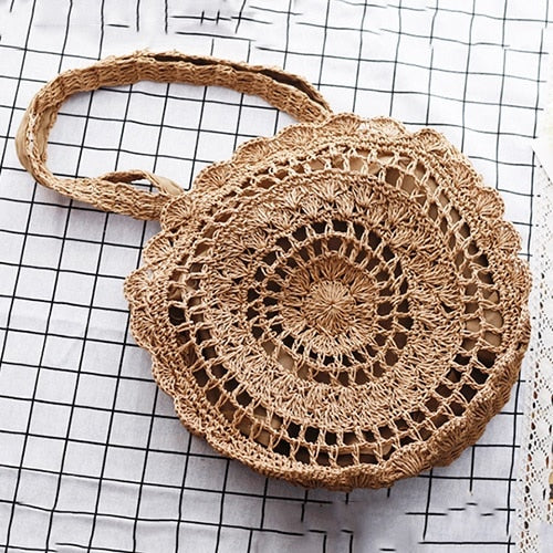 Hand-Woven Straw Bag Women Handmade Hollow Handbag Circle Shape Rattan Bag Big Capacity Summer Handbag Casual Travel Beach Bag