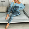 Umeko Ladies Sportswear Long Sleeve One-shoulder Printed Buttons Heart Tops Leopard Print Trousers Autumn Women's Casual Sets