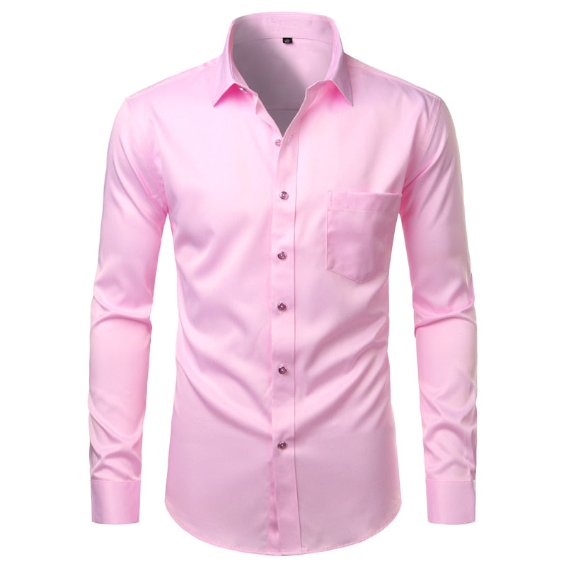 Mens White Bamboo Fiber Dress Shirts Slim Fit Wrinkle Free Casual Shirt Chemise Non Iron Easy Care Elastic Wedding Working Shirt