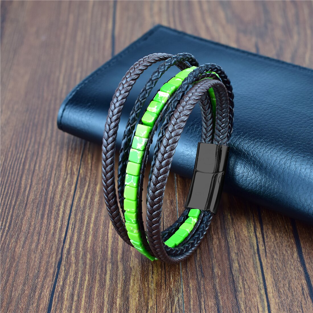 Multilayer Bracelet Natural Stone Genuine Leather Braided Wrap Bangle Stainless Steel Magnetic Clasp Bracelet Men Jewelry