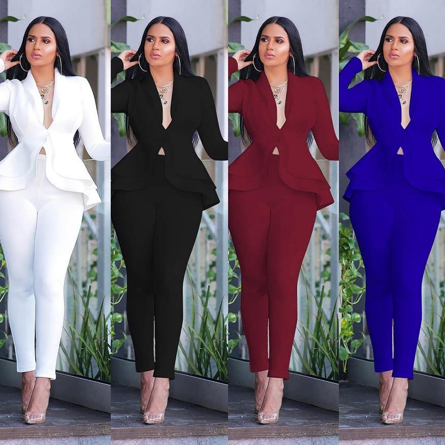 New Women Winter Women's Set Tracksuit Full Sleeve Ruffles Blazers Pencil Pants Suit Two Piece Set Office Lady Outfits Uniform - Surprise store