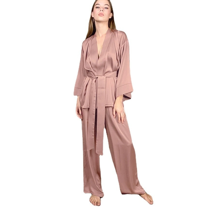 Hwanan Home Suit For Women Sleepwear Loose Flare Pants Three Quarter Sleeve Satin Robe Sets Bathrobe For Home Wear Fashion 2021