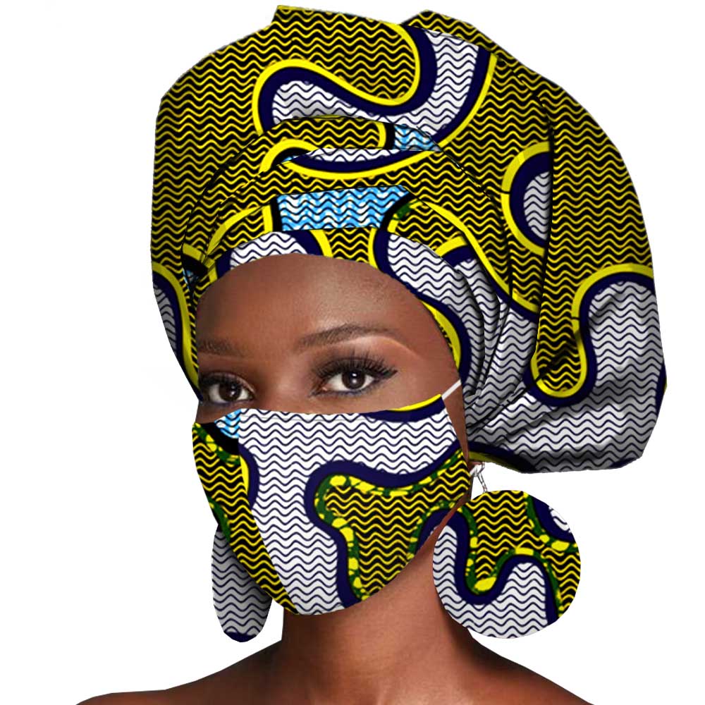 African Headwrap Earrings Hair Accessories Scarf Bonnet Ankara Wax Fabric Head Turban African Headscarf Mask Match Print A20H004