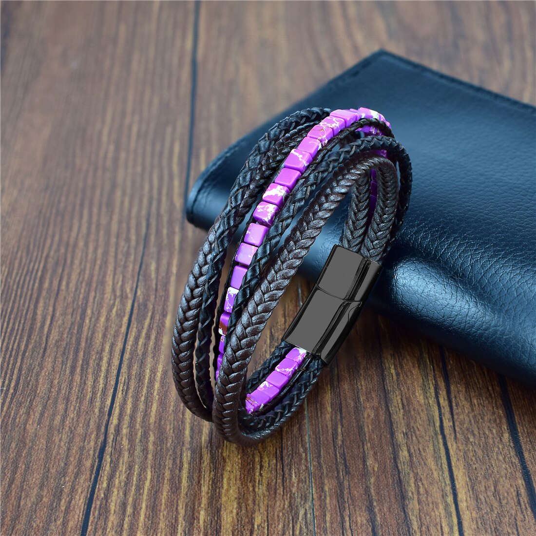 Multilayer Bracelet Natural Stone Genuine Leather Braided Wrap Bangle Stainless Steel Magnetic Clasp Bracelet Men Jewelry