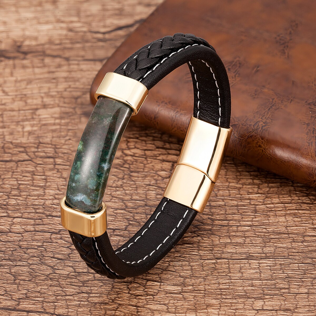 Natural Stone Men Bracelet Black Genuine Leather Rope Chain Stainless Steel Magnet Clasp Natural Stone Bracelets Male Jewelry