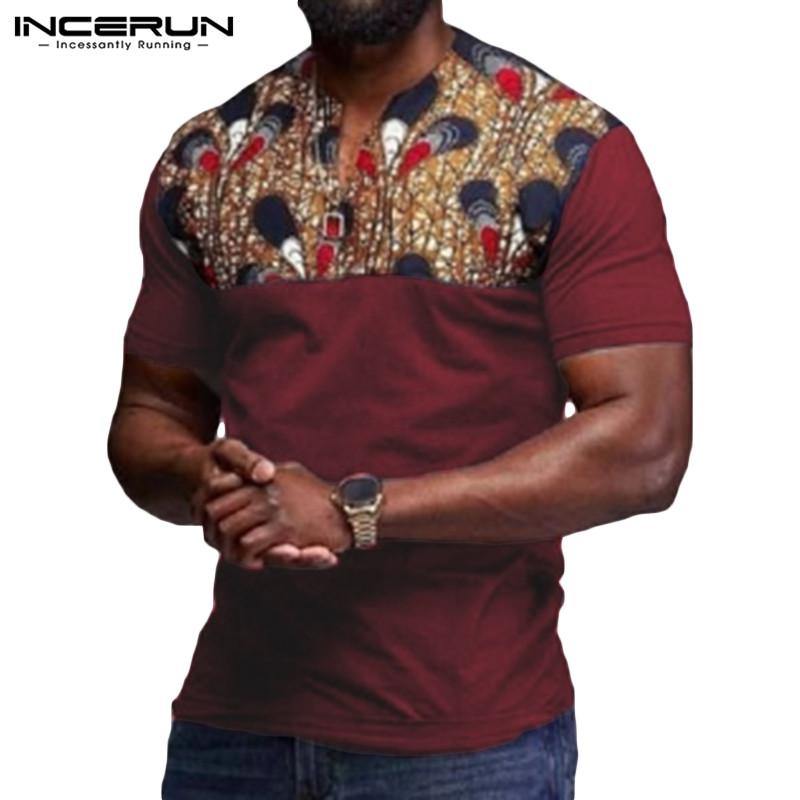INCERUN Fashion Men Casual T Shirt Short Sleeve Print Patchwork V Neck 2020 African Dashiki Tops Summer T-shirts Men Clothes 5XL - Surprise store