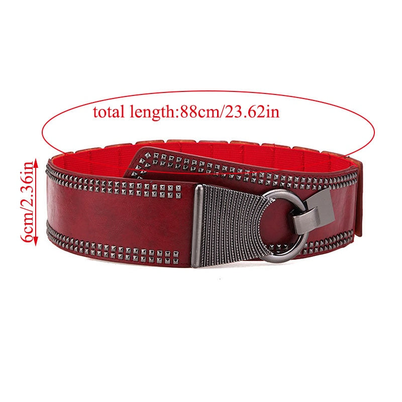 Fashion Wide Waist Belt Metal Round Buckle Punk Belts Stretchy Dress Waistband Pu Leather Cummerbunds European Style Lady Belts