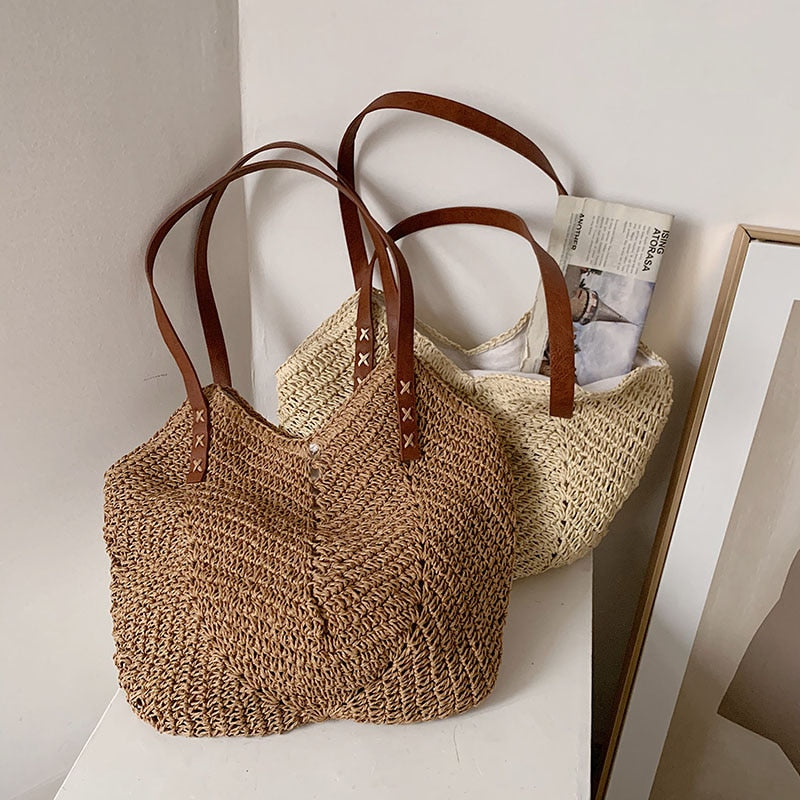 Hand-woven Women's Shoulder Handbag Bohemian 2021 Summer Straw Beach Tote Bag Travel Shopper Weaving Shopping Bags