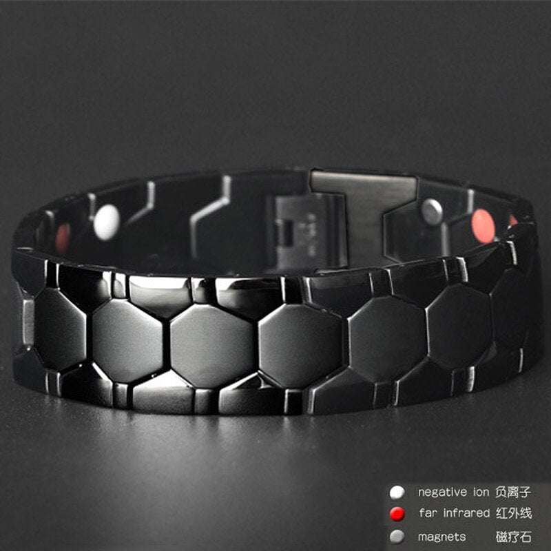 Luxury Men Bracelet Stainless Steel Gold 3IN1 Energy Health Magnet Arthritis Chain Hip Hop Unisex Women Jewelry Gift