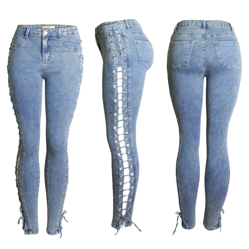 Boyfriend Skinny Jeans For Women Sexy Lace Up Hollow Out Push Up Jeans High Waist Stretchy Denim Jeans Pants Plus Size