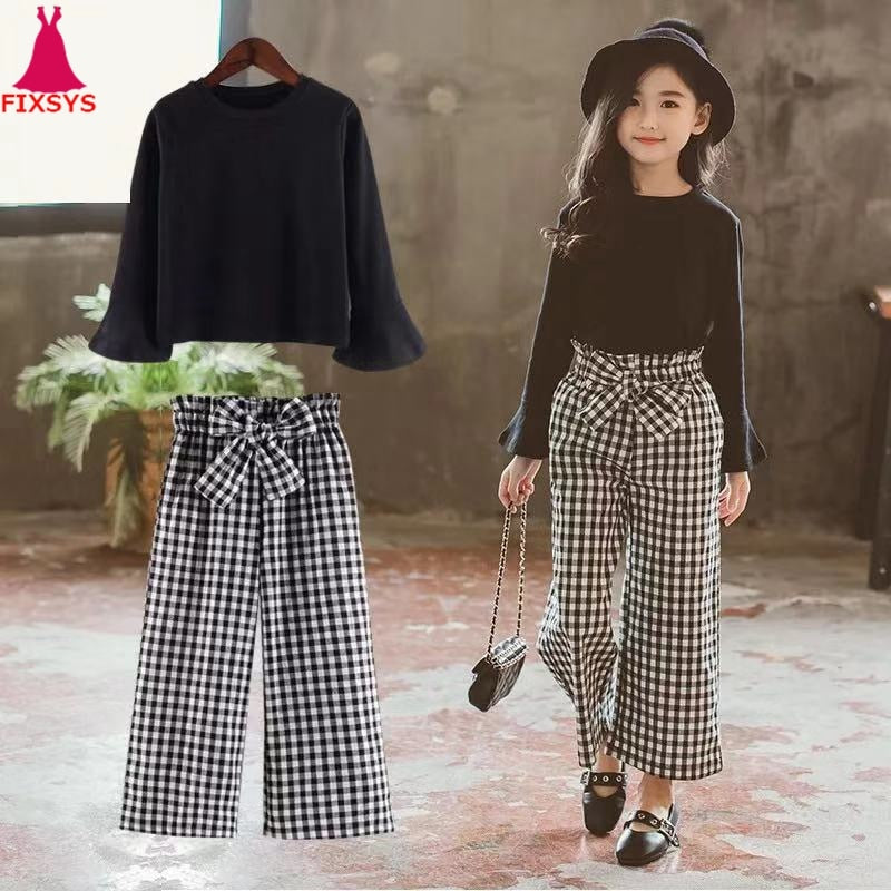 2020 Kids Girls Clothes Sets Long Sleeve T-shirts + Plaid Wide Leg Pants Autumn Children's Clothing Teenage for 7 8 10 12 Years