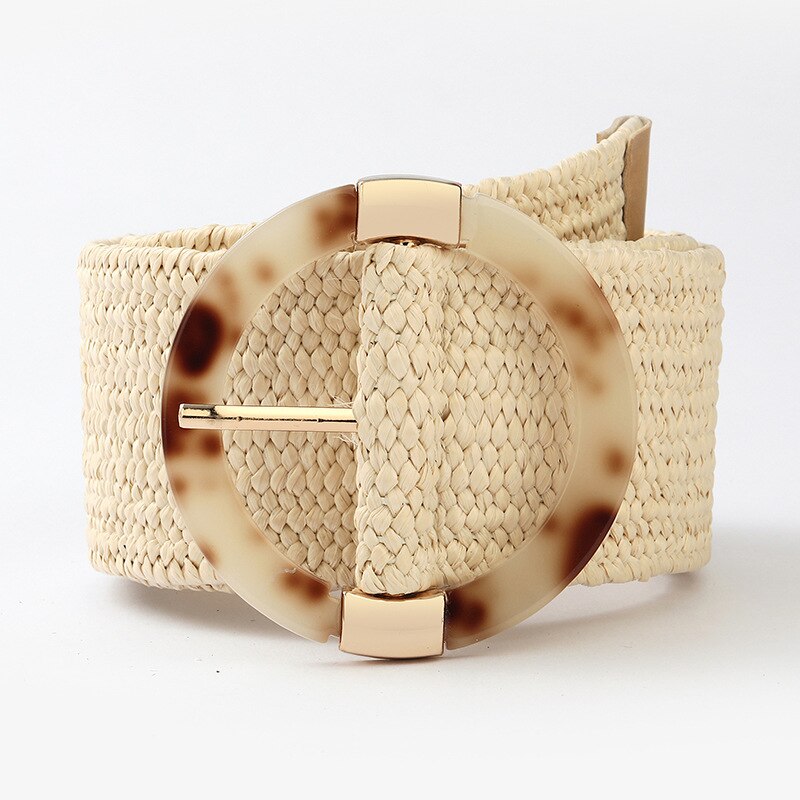 Women Casual Waistband Plastic Buckle Wide Waist Belt With Leopard Round Buckle Pp Straw Weave Belts Boho Braided Waist Strap