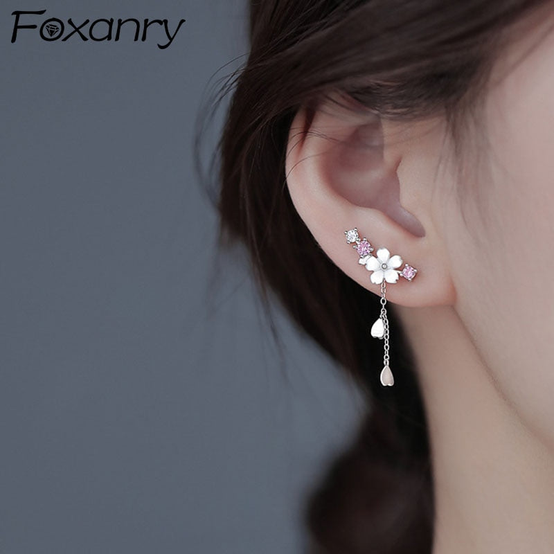 Foxanry Prevent Allergy 925 Sterling Silver Stud Earrings for Women New Trendy Elegant Flowers Tassel Party Jewelry Wholesale
