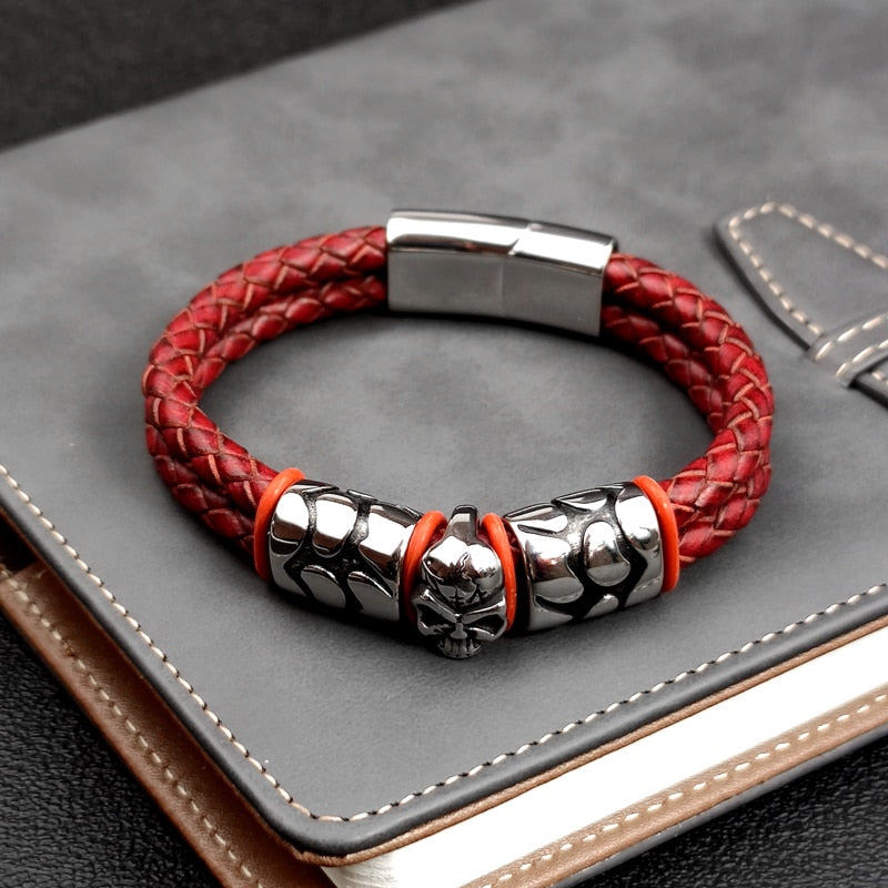 Pop Bohemian Style 316 Stainless Steel Men's Bracelet Ghost Head Accessories Woven Wine Leather Woman Bracelet 7 Day Delivery