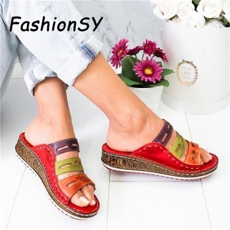 Wedge Heel Women Slippers Summer Women shoes Retro Stitching Low Beach Open Peep Toe Sandals 3 colors Shoes Slides woman shoes