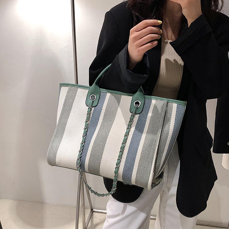 New Women Tote Bag Fashion Linen Large Striped Handbag Chains Shoulder Bags Ladies Big Messenger Bag Shopping Bag