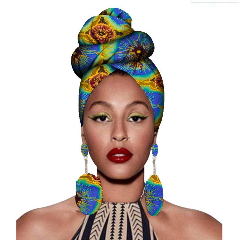 2020 fashion african headwraps+earings 2 piece sets for women bazin riche african head scarf pure cotton