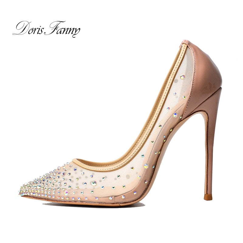 Doris Fanny good quality Crystals Nude Wedding shoes sexy party stiletto high heels large size pumps women shoes