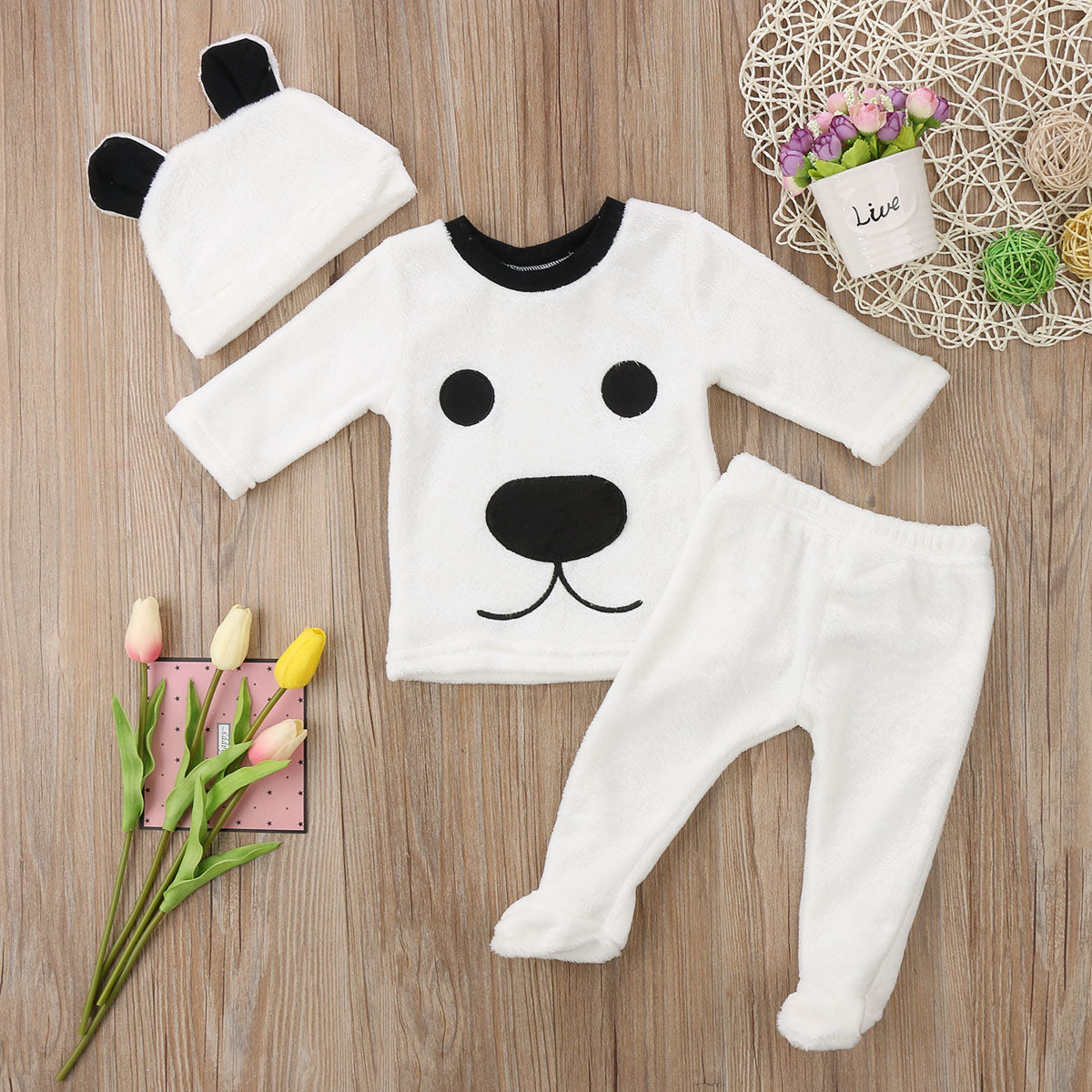 New 3 pieces Newborn Long Sleeve Fleece Bear Top Pant and Hat Set For Baby Boy Warm Winter Kids Clothes