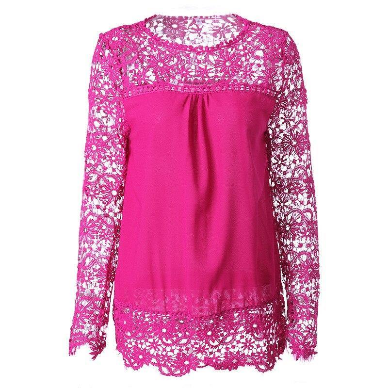 Spring and summer chiffon shirt women's casual long-sleeved hollow flower lace shirt shirt women - Surprise store