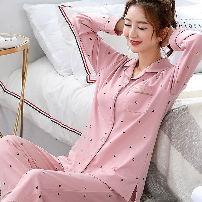 100% Cotton Women's Pajamas Set Long Sleeve Girl Casual Women Sleepwear Leisure Outerwear Sleepwear Pyjamas Nightwear