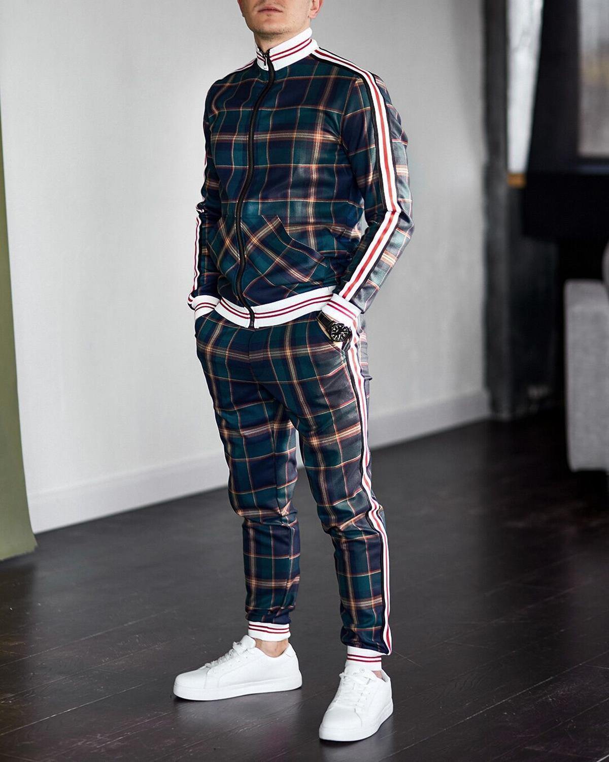 Men Tracksuit Men's Sets Two-piece Striped Lattice Suit Zipper Jacket+Fashion Small Trouser High Quality Slim Classic Sportswear - Surprise store