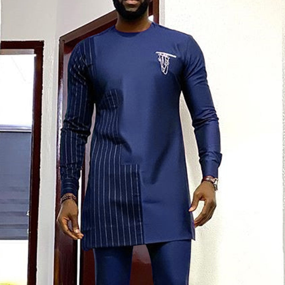 2021 African Men Shirt Mid Length T-shirts Round Neck Long Sleeve Tops Male Spring Traditional Pullover Plus Size Slim Dashiki