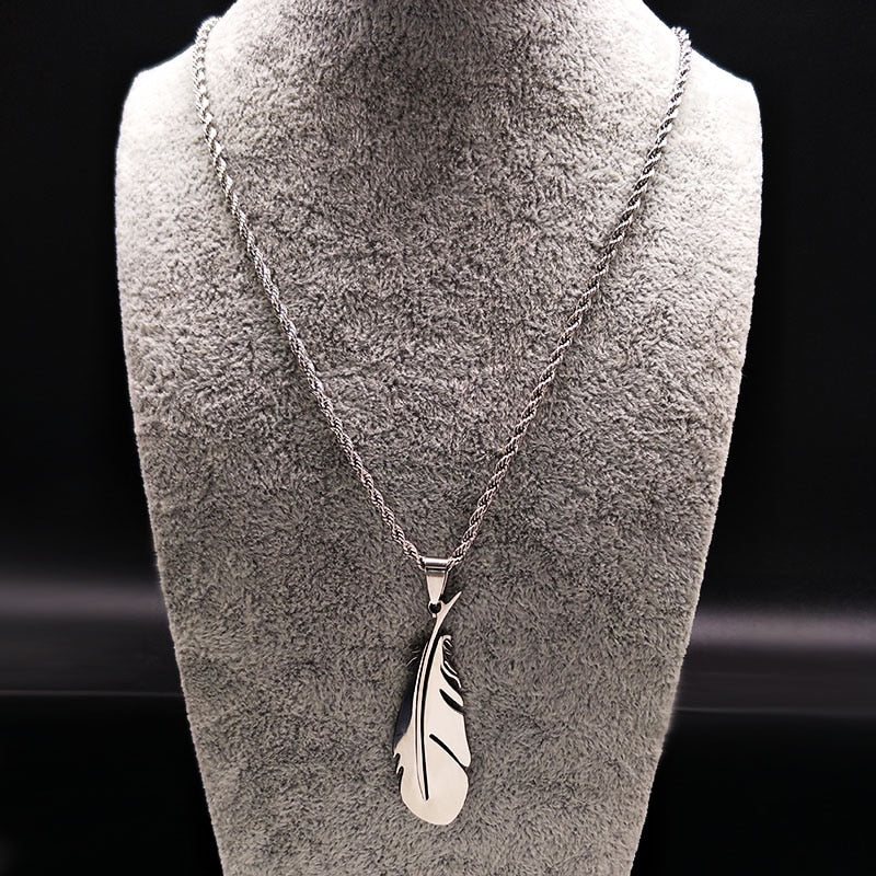 2021 Fashion Feather Stainless Steel Long Necklace for Men Gold Color Necklace Jewelry Gift acero inoxidable N1039S02