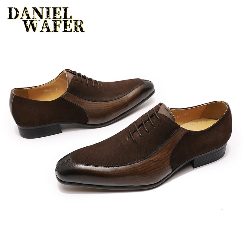 Luxury Handmade Oxford Formal Men Shoes Lace up Split Toe Coffee Black Office Wedding Shoes Suede Patchwork Leather Shoes Men