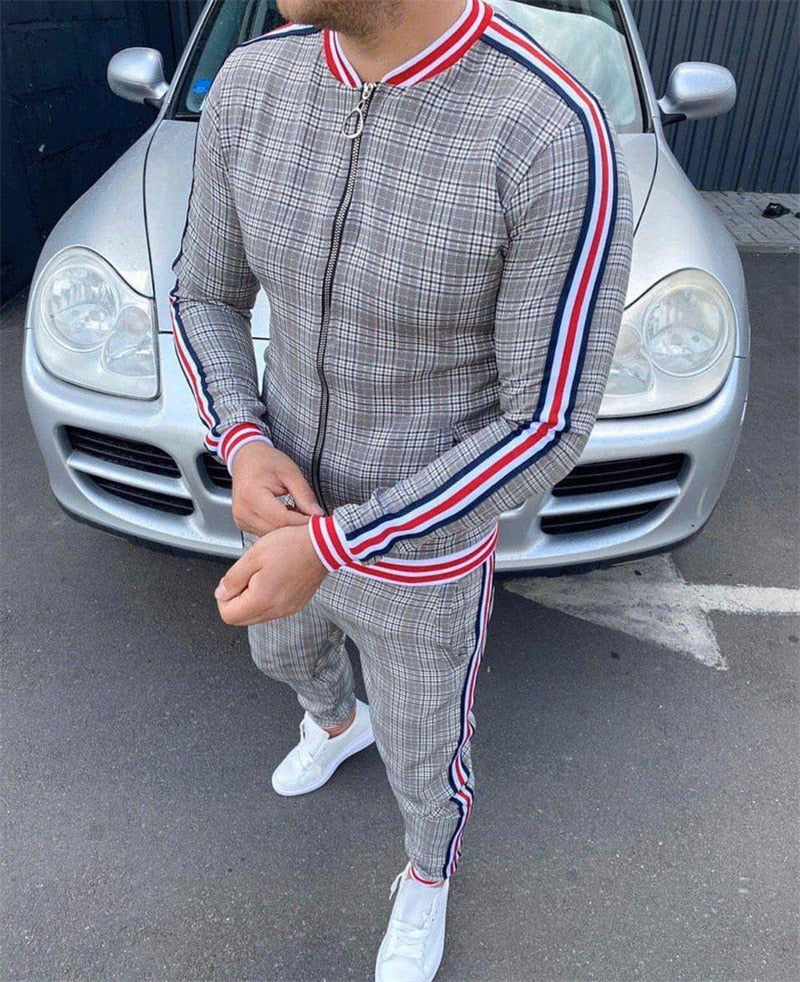 Muscle brothers 2021 new 3D printing retro men's leisure sports men's suit Plaid stripe coat Long pants men's suit