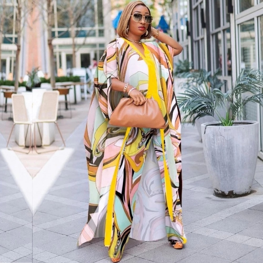 2 Piece Set Women Africa Clothes 2021 African Dashiki New Fashion Two Piece Suit Long Tops + Wide Pants Party Plus Size For Lady