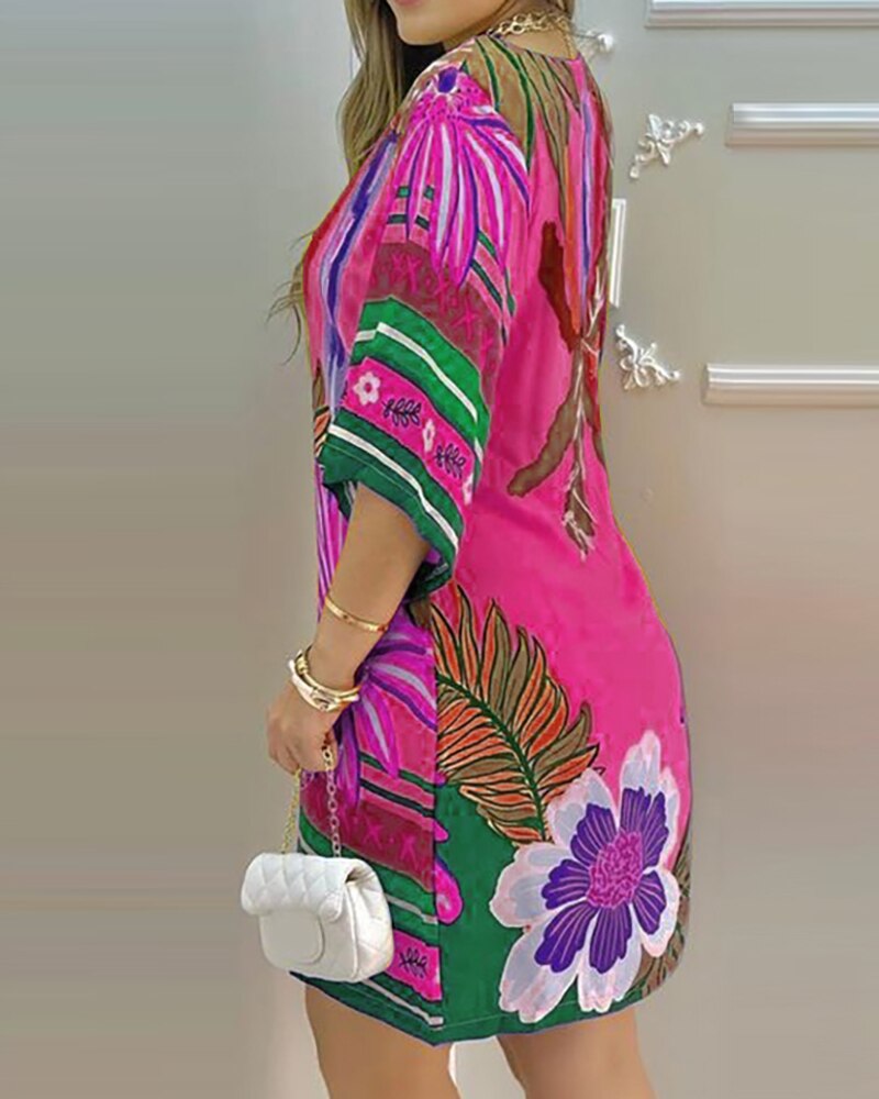 2021 Summer Women's Mini Tropical Print Half Sleeve Casual Dress Round Neck Chic