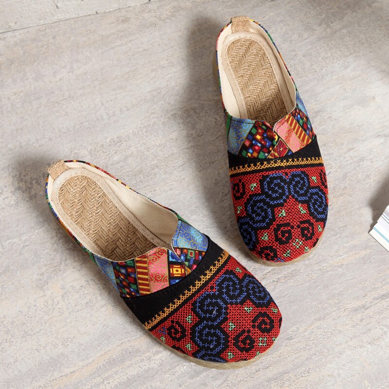 Veowalk Harajuku Summer Women Floral Embroidered Canvas Mules Slippers Hawaii Fashion Ladies Casual Platform Flat Slide Shoes