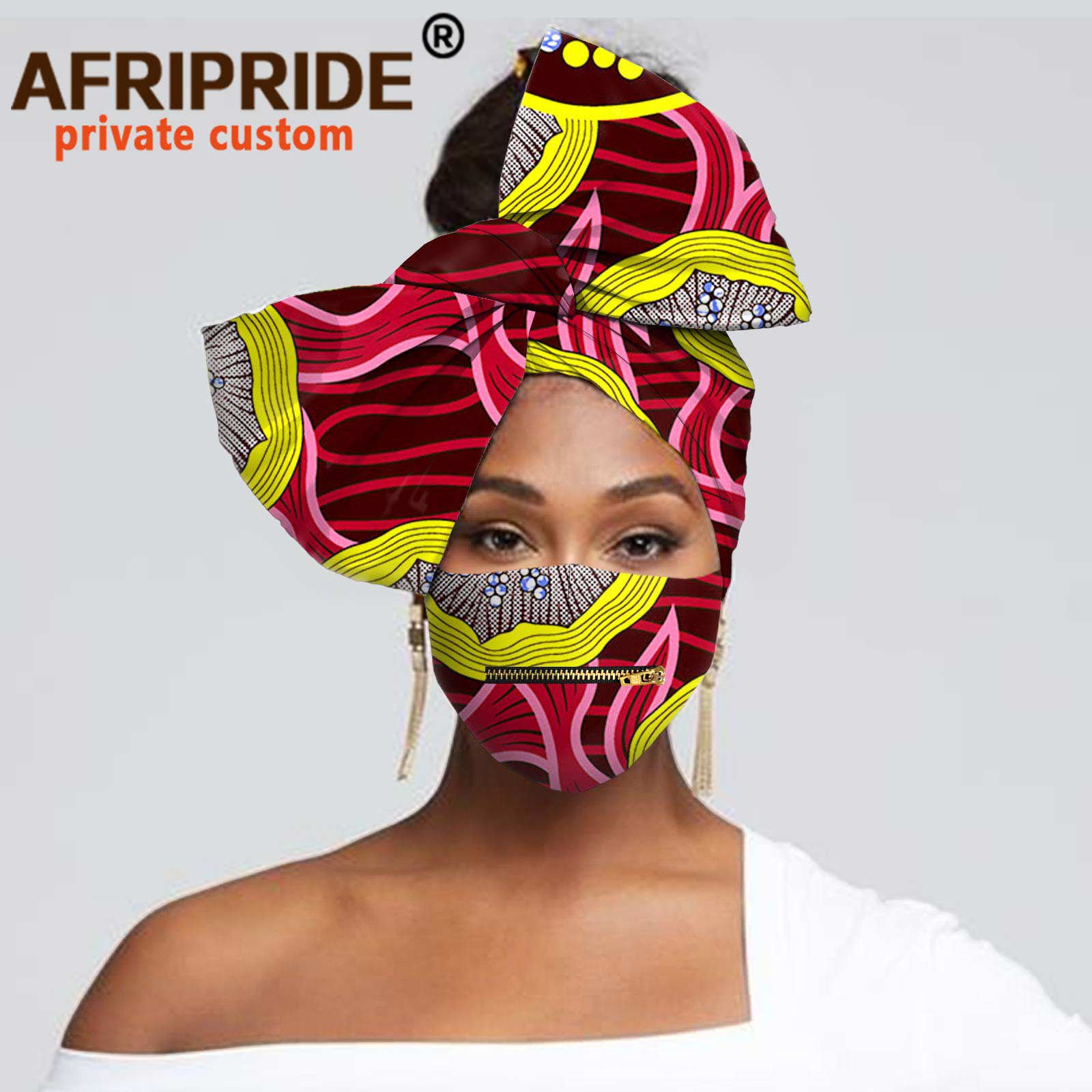 African Headscarf for Women Headwear Floral Turban Head Scarf Head Wrap Hair Accessories Match Print Mask with Zipper A20H016