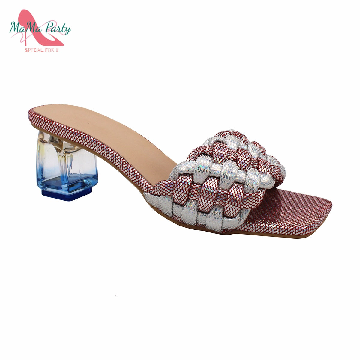 Popular Newest Nigerian Women Shoes in Red Color Square Toe Mature Style African Ladies for Wedding Party