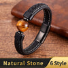 Trendy Genuine Leather Bracelets Men Stainless Steel Clasp Charm Bracelet For Male 6 Style Natural Tiger Eye Lava Stone Jewelry