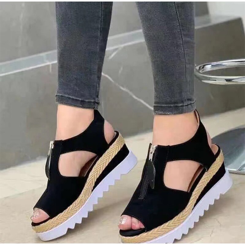 Sandals Women 2021 Wedges Heels Zip Platform Ladies Shoes Summer Peep Toe Suede Leather Gladiator Shoes Casual Female Footwear