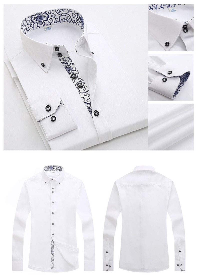 Quality BEST Flower Print Solid New Men Shirt Spring Long Sleeve Social Dress Causal Shirt Men Brand Clothing Camisa