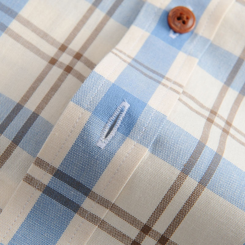 Men's 100% Cotton Long Sleeve Contrast Plaid Checkered Shirt Pocket-less Design Casual Standard-fit Button Down Gingham Shirts