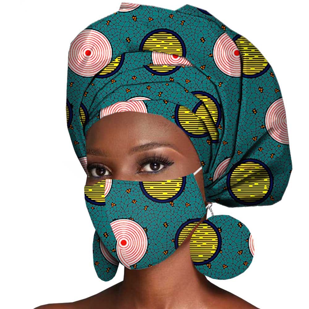 African Headwrap Earrings Hair Accessories Scarf Bonnet Ankara Wax Fabric Head Turban African Headscarf Mask Match Print A20H004