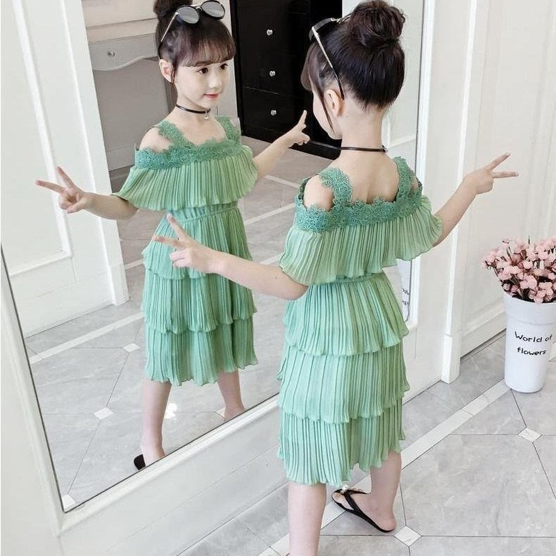 Summer Girls Knee Length Casual Dress Fashion Chiffon Layered Cute Flower Network Sling Sleeveless Dresses 2 Children's Clothing