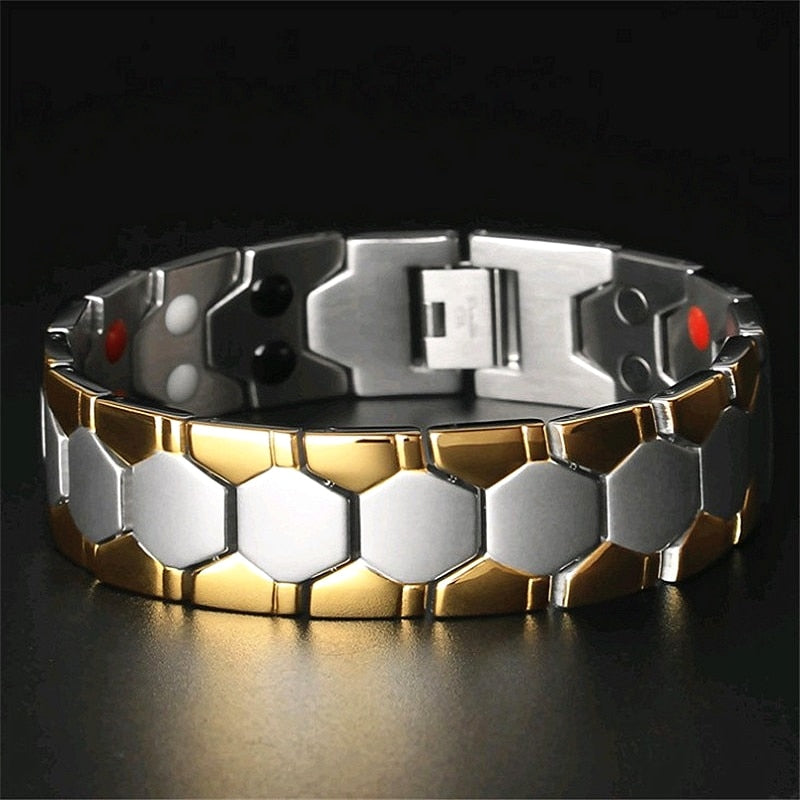 Luxury Men Bracelet Stainless Steel Gold 3IN1 Energy Health Magnet Arthritis Chain Hip Hop Unisex Women Jewelry Gift