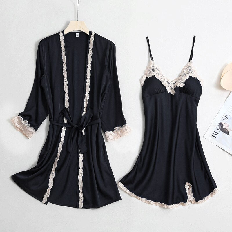White Lace 2PC Nightwear Set Women Robe Gown Bride Sexy Strap Nightdress Summer V-Neck Sleep Suit Kimono Nighties Homewear