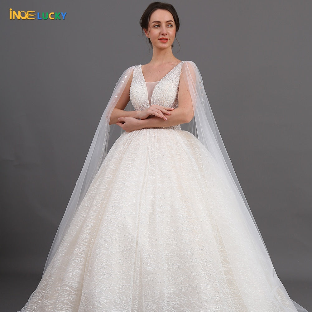 INOE Women Luxury Long Wedding Dress Sequins Fashion Rhinestone Ball Gown Floor Length Tulle Organza Watteau White Party Dress